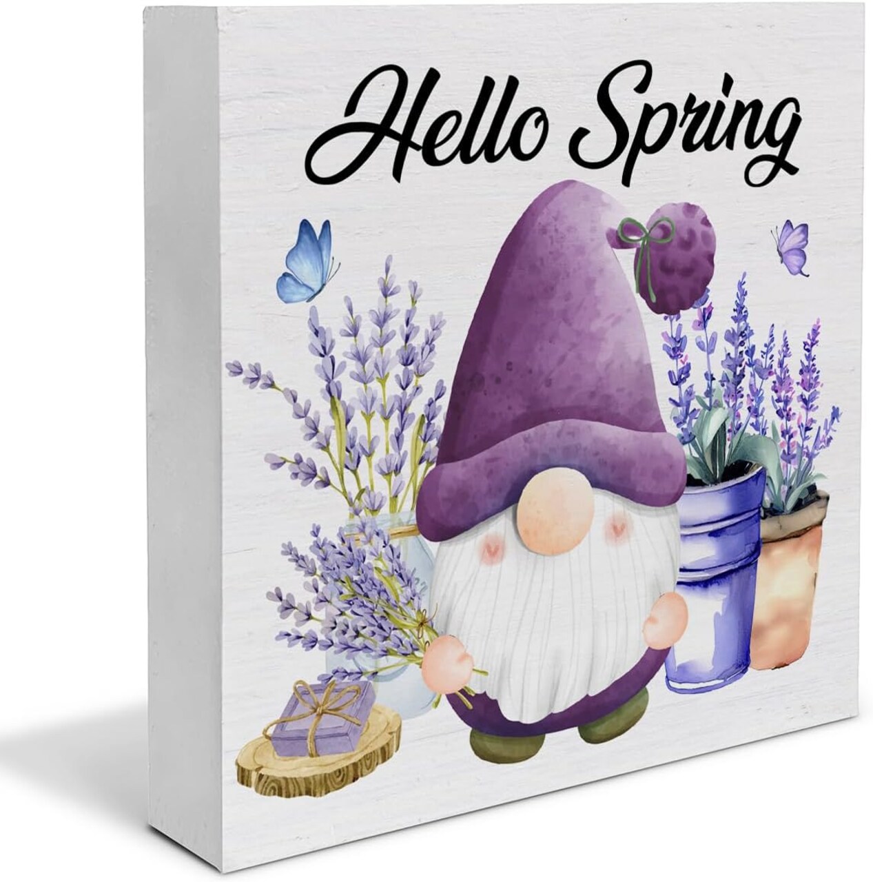 Spring Decor, Rustic Gnome Wood Sign Spring Lavender Tray Decoration Tabletop Shelf Desk Home Decor